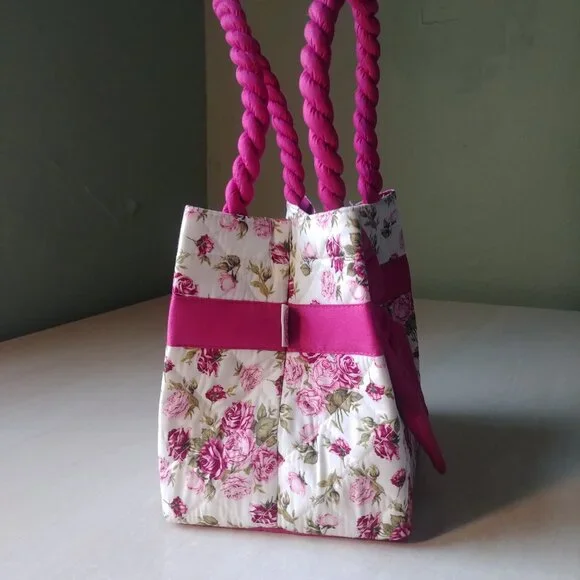 100% cotton white with pink and green floral pattern tote bag - Picture 4 of 13